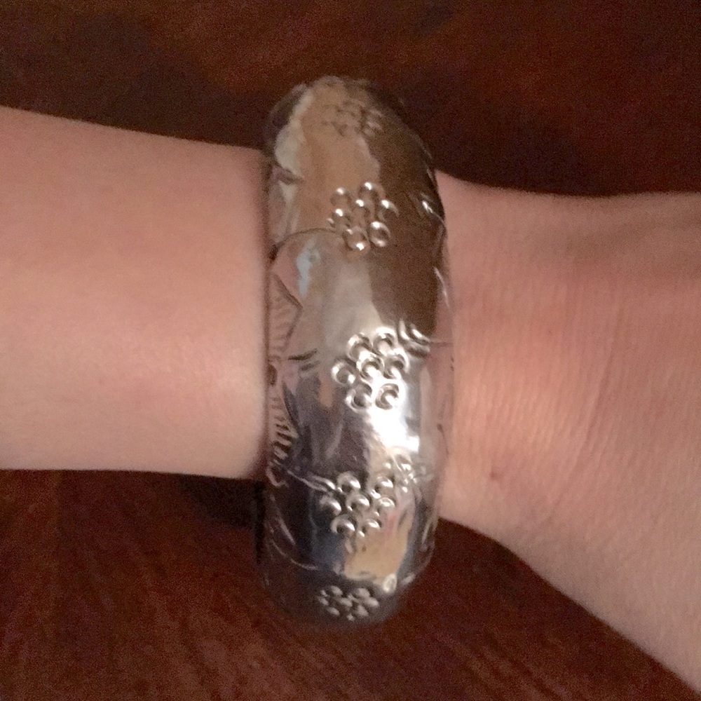 Wood bangle bracelet with metal overlay